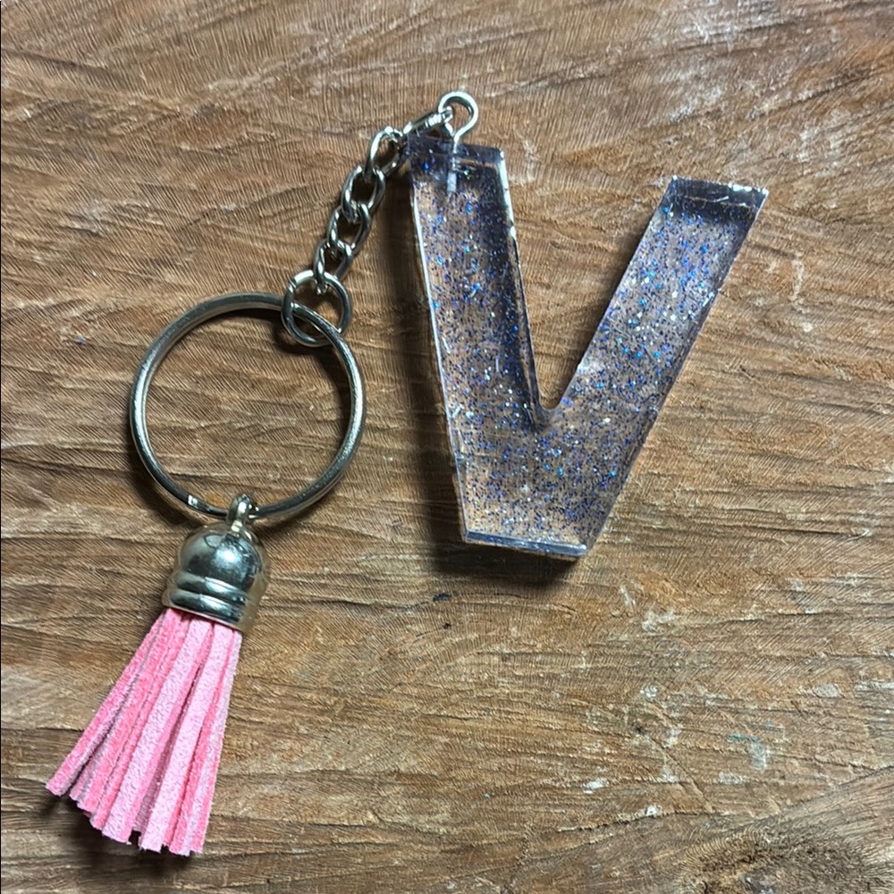 Blue initial V Glitter Keyring with Tassel